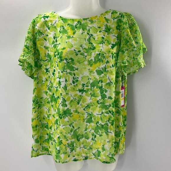 Vince Camuto Womens Floral Ruffle Flutter Short Sleeve Blouse Green Size Medium - Picture 2 of 10